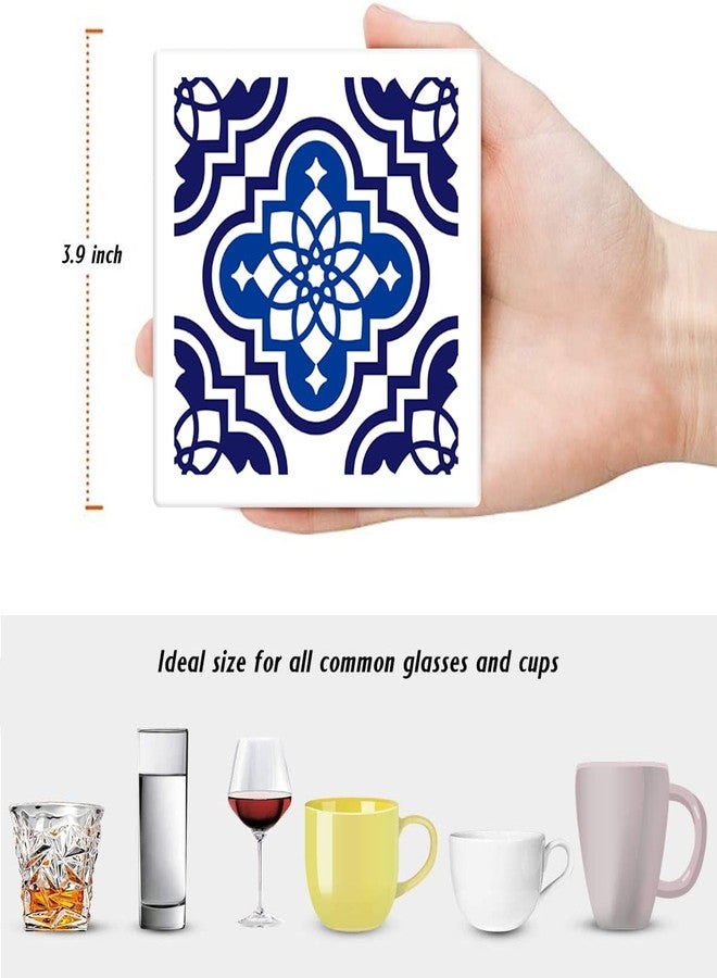 Bribay Coasters for Drinks Set of 6, Navy Blue Ceramic Tiles Geometric Pattern Absorbent Square Ceramic Stone Mat, with Cork Base and Metal Holder, Gift for Housewarming Room Bar Decor - Image 2